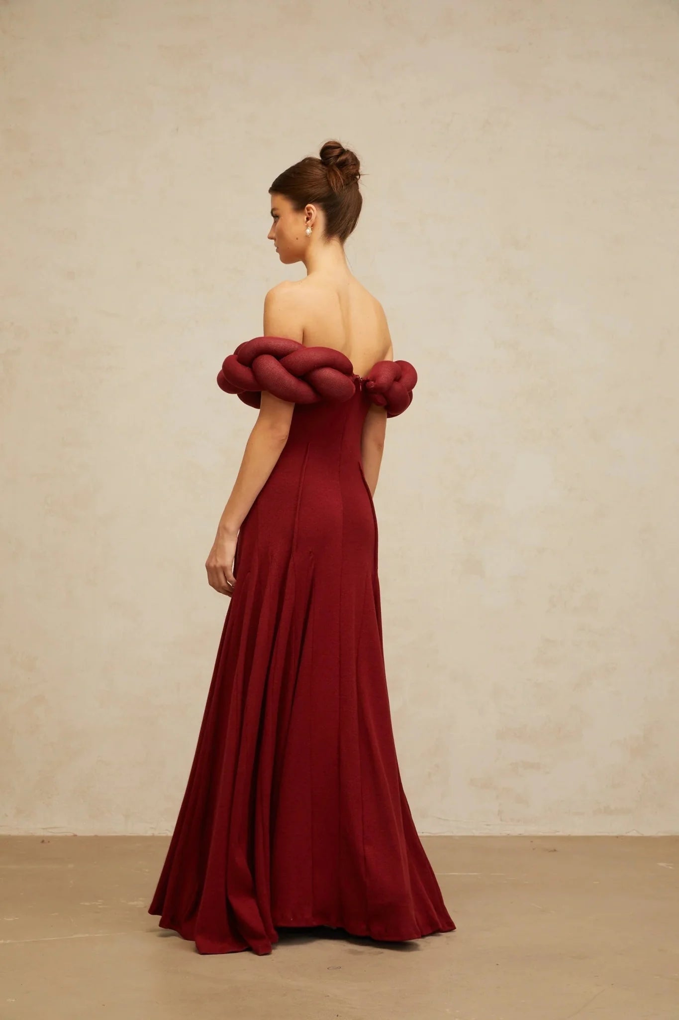 Angioletta Maxi Dress Red Knit Braid Design & Godet Pleats