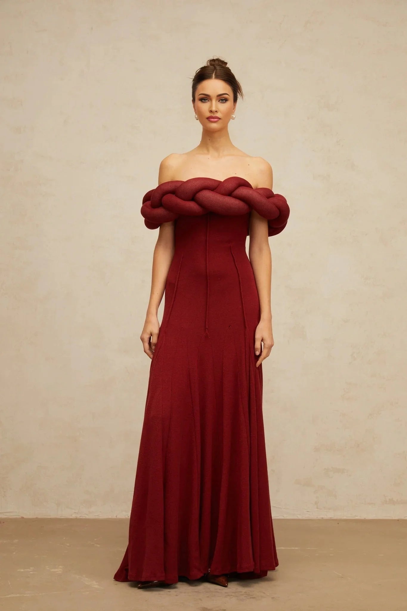 Angioletta Maxi Dress Red Knit Braid Design & Godet Pleats