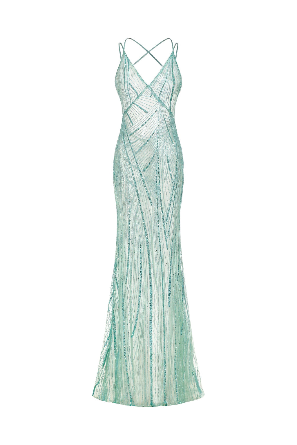 Angioletta Teal Maxi Gown Beaded Detailing Sheer Fabric Spaghetti Straps Plunging Neckline Figure-Hugging Silhouette Dress