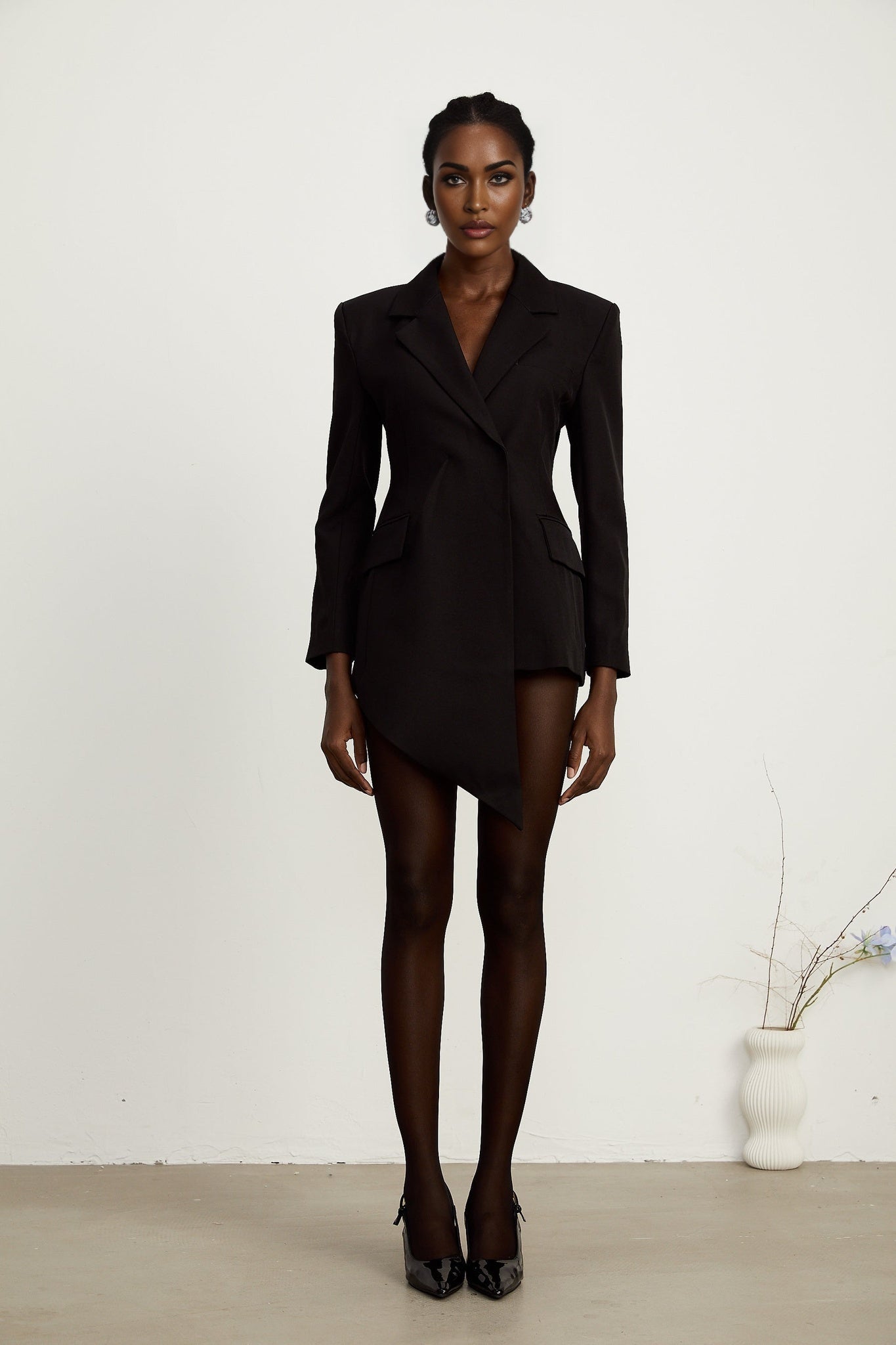 Anita Blazer - Notched Lapels - Long Sleeves - Asymmetric Hem - Cinched Waist