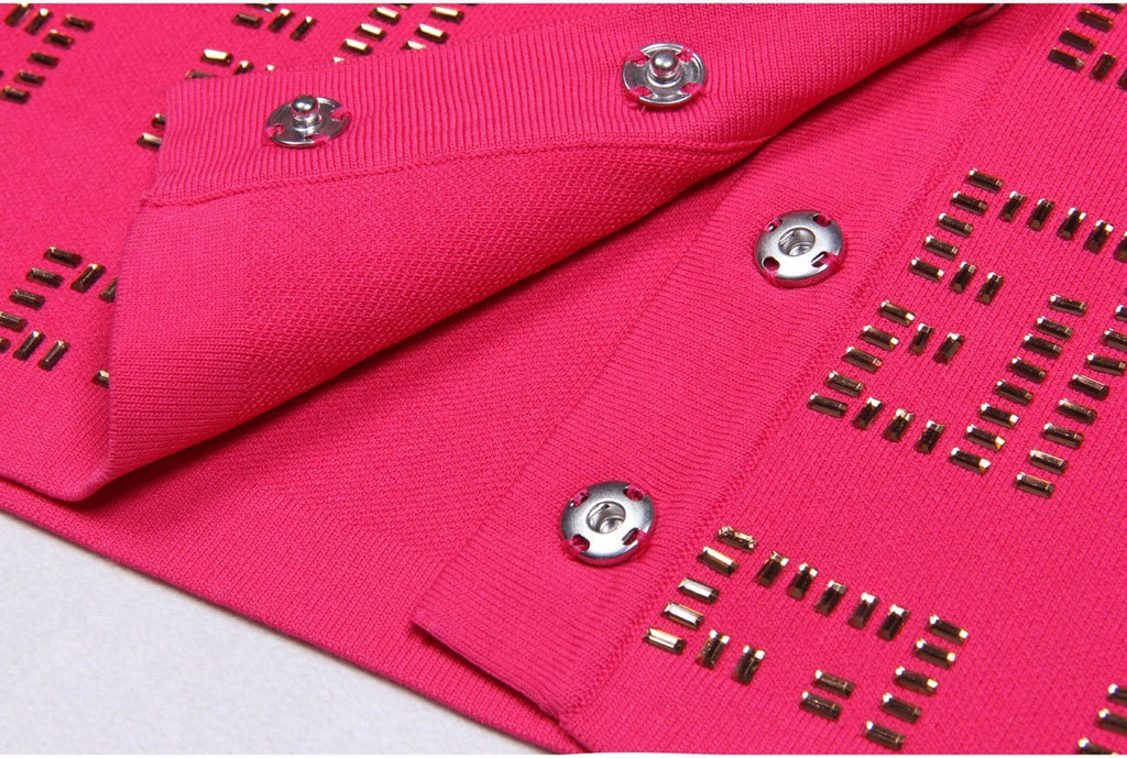 Anita Fitted Cardigan & Mini Skirt Set - Geometric Cutouts - Gold Button Embellishments