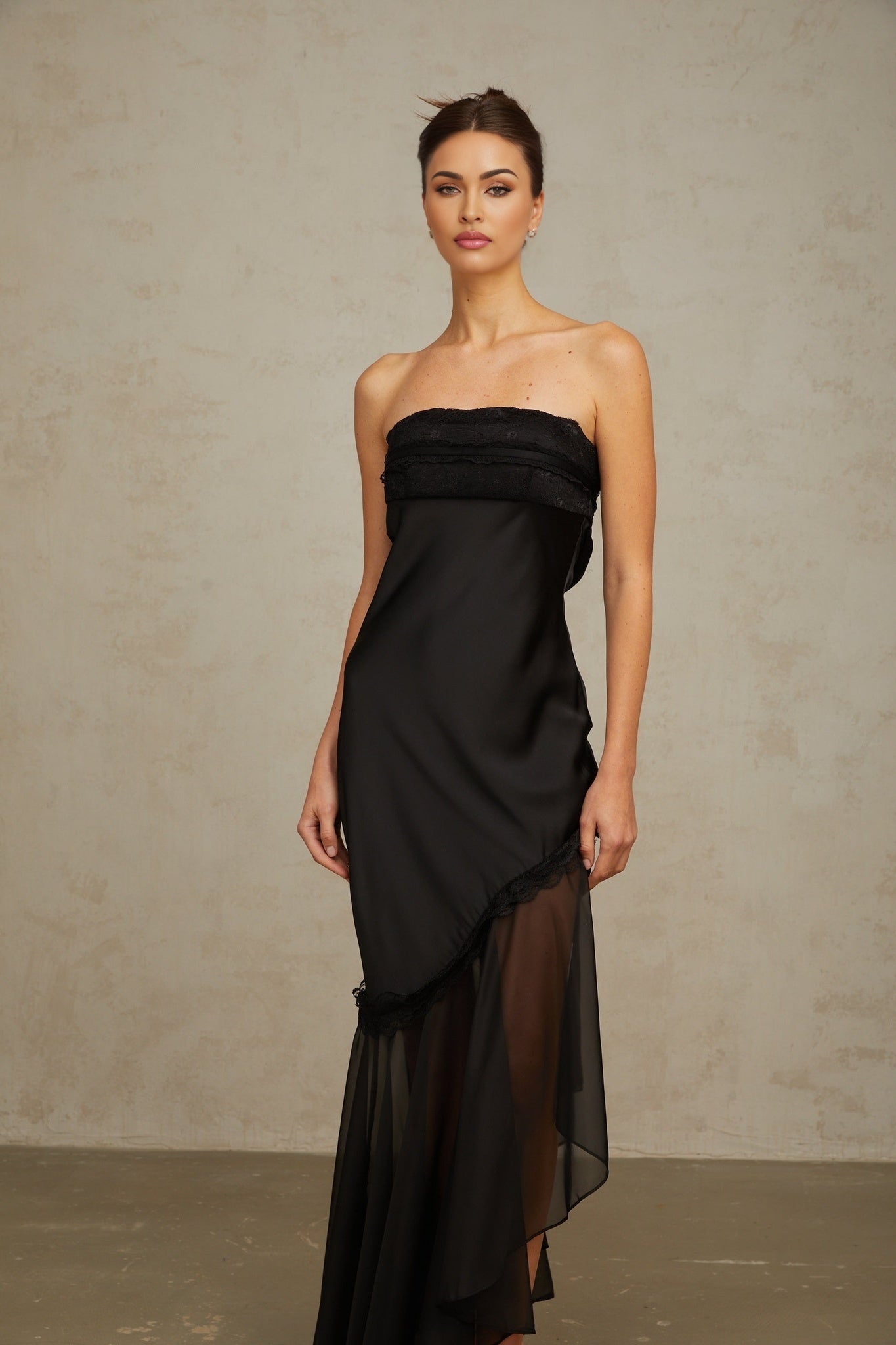 Anita Maxi Dress - Off Shoulder Style - Satin Finish with Tulle Panel - Pleated Detail and Lace Trim - Asymmetric Hem with Rear Tie Fastening