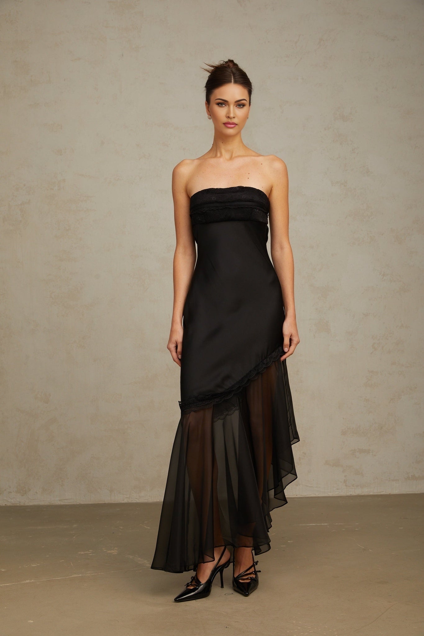 Anita Maxi Dress - Off Shoulder Style - Satin Finish with Tulle Panel - Pleated Detail and Lace Trim - Asymmetric Hem with Rear Tie Fastening