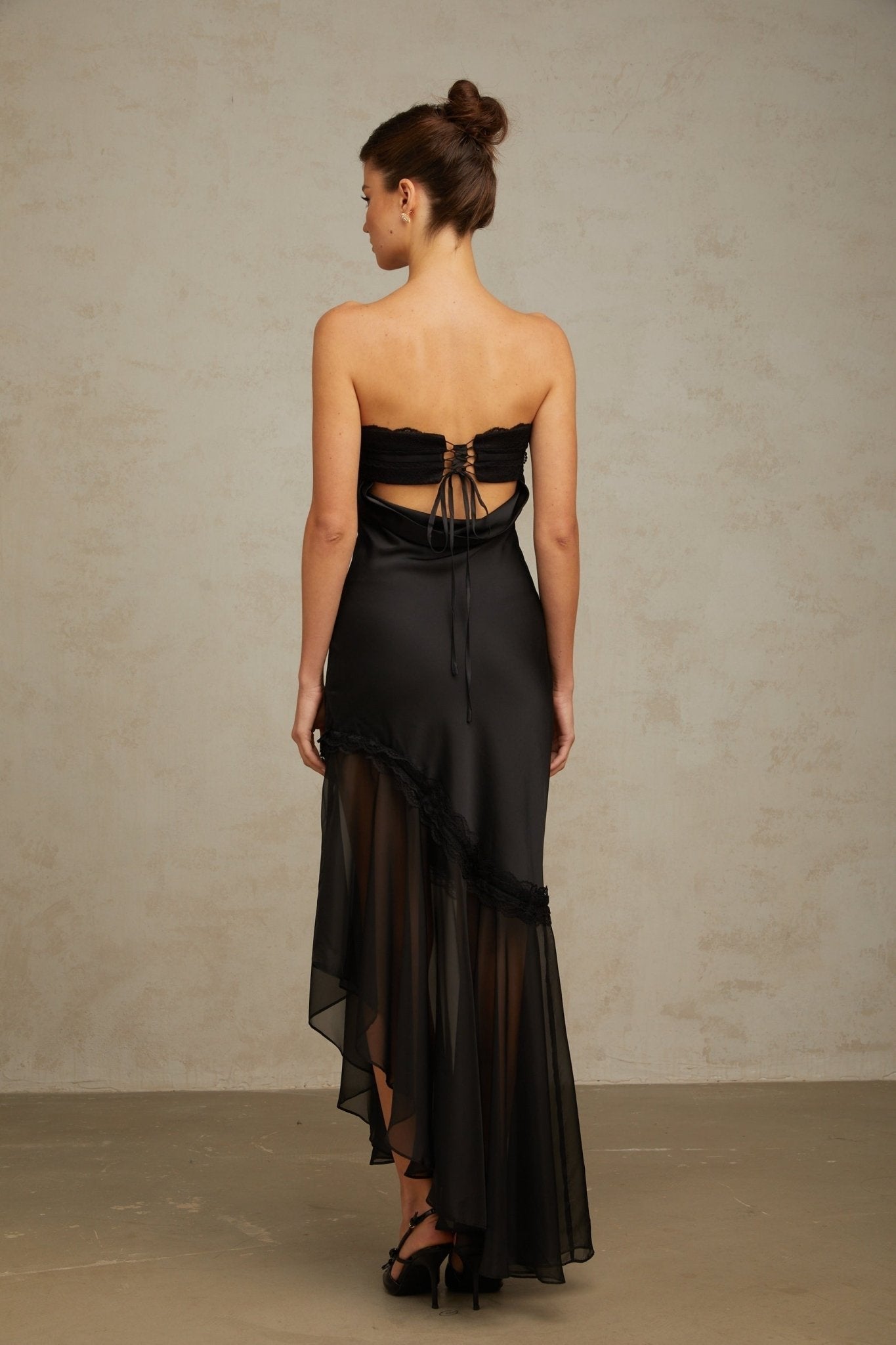 Anita Maxi Dress - Off Shoulder Style - Satin Finish with Tulle Panel - Pleated Detail and Lace Trim - Asymmetric Hem with Rear Tie Fastening