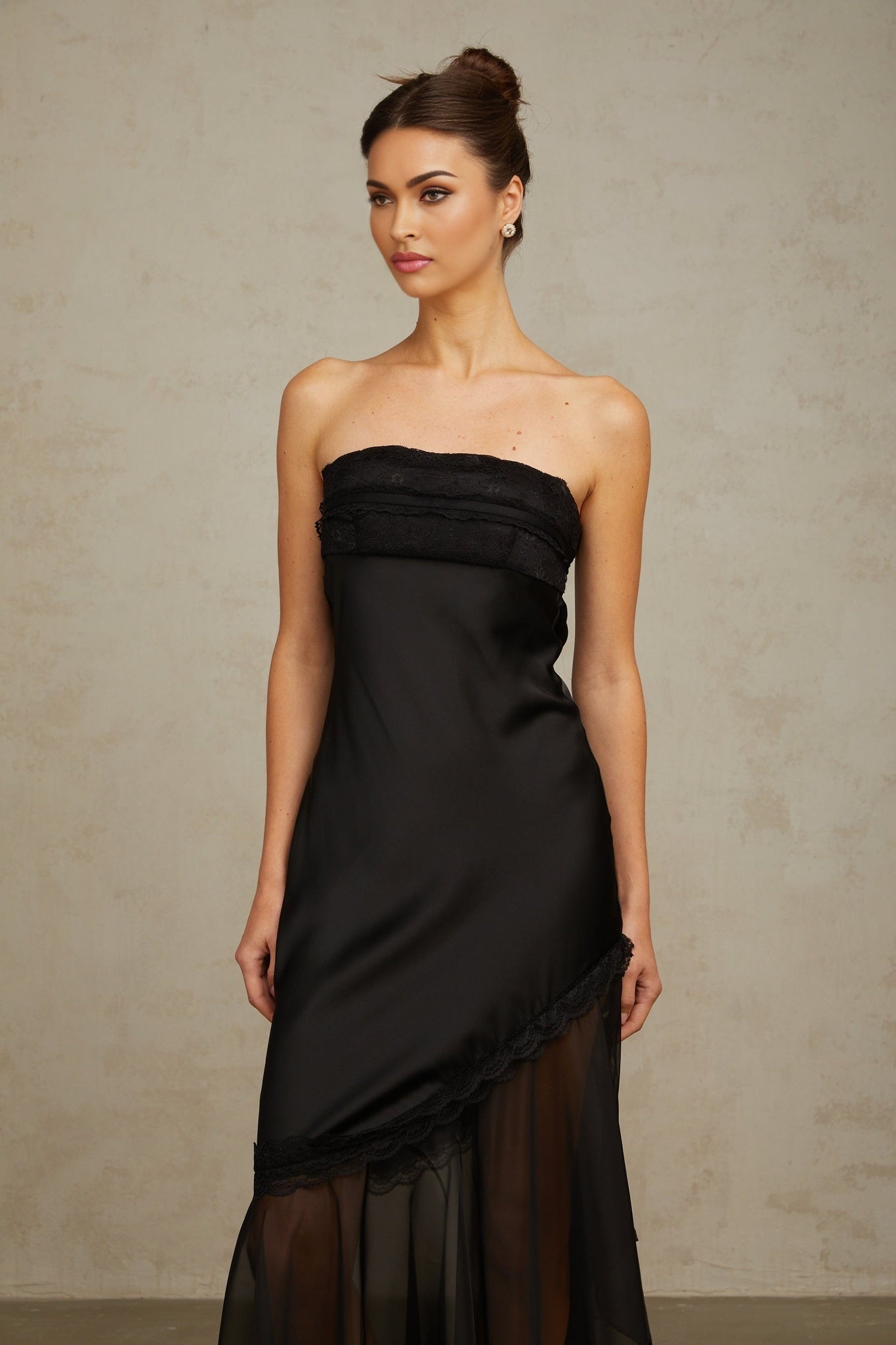 Anita Maxi Dress - Off Shoulder Style - Satin Finish with Tulle Panel - Pleated Detail and Lace Trim - Asymmetric Hem with Rear Tie Fastening