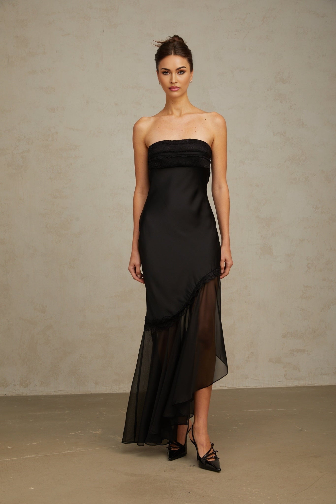 Anita Maxi Dress - Off Shoulder Style - Satin Finish with Tulle Panel - Pleated Detail and Lace Trim - Asymmetric Hem with Rear Tie Fastening