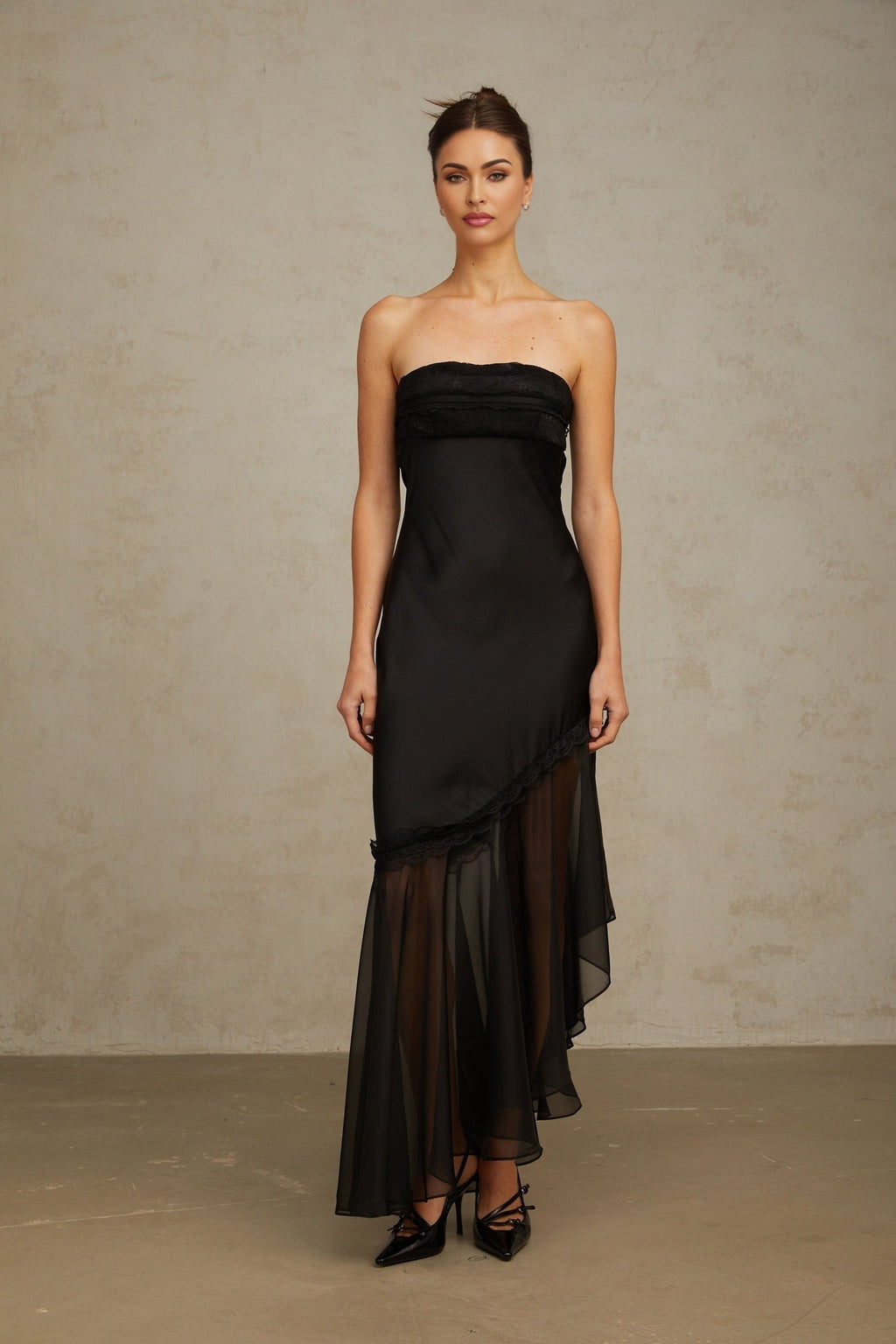 Anita Maxi Dress - Off Shoulder Style - Satin Finish with Tulle Panel - Pleated Detail and Lace Trim - Asymmetric Hem with Rear Tie Fastening