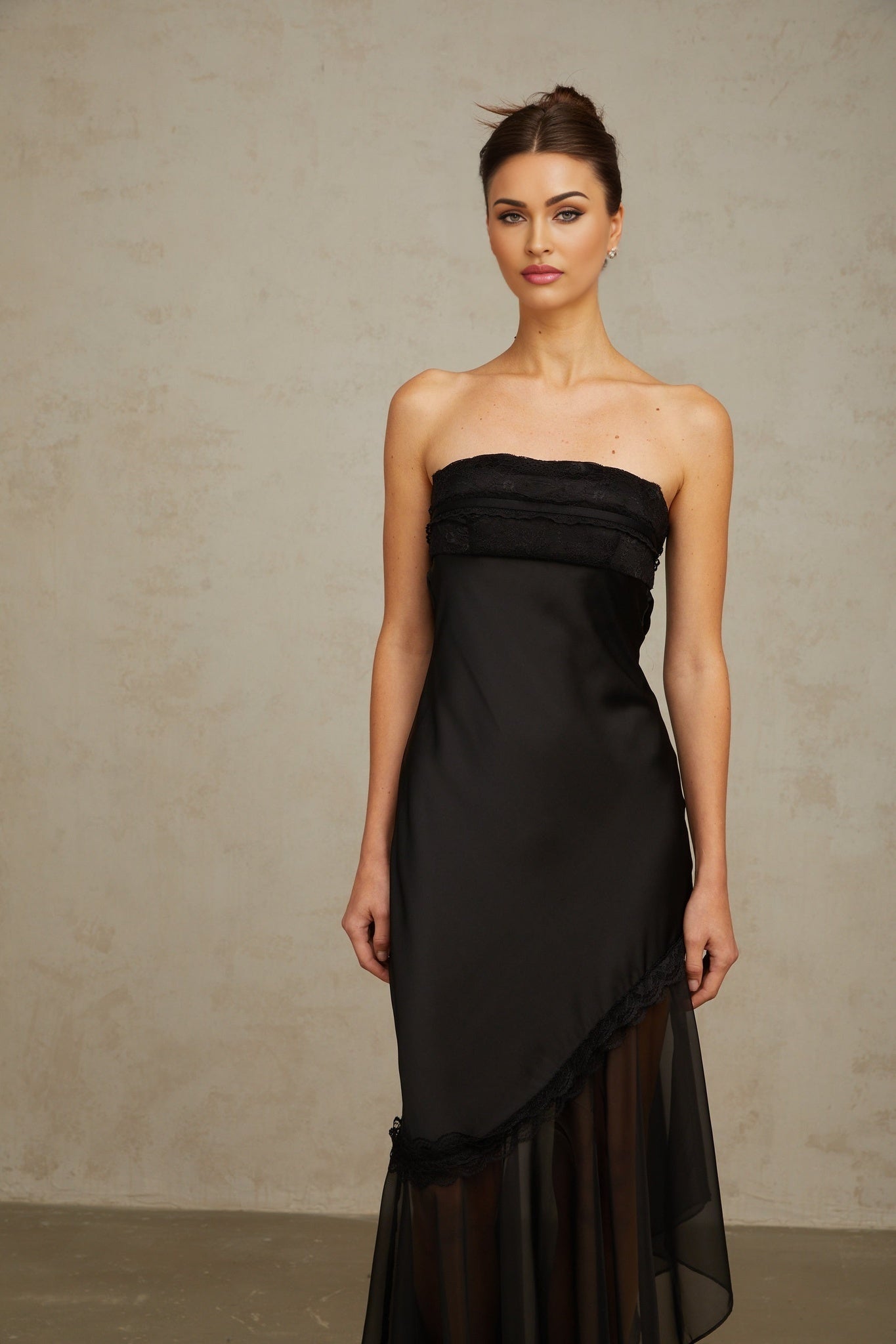 Anita Maxi Dress - Off Shoulder Style - Satin Finish with Tulle Panel - Pleated Detail and Lace Trim - Asymmetric Hem with Rear Tie Fastening