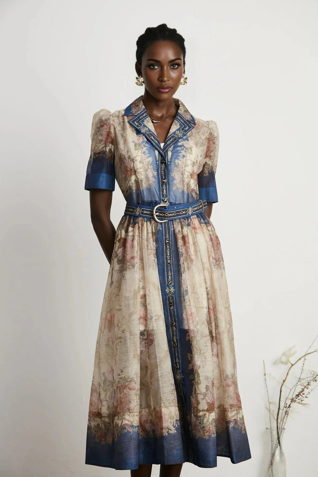 Anna Midi Dress – Long Sleeves – Lapels – Pattern Printed