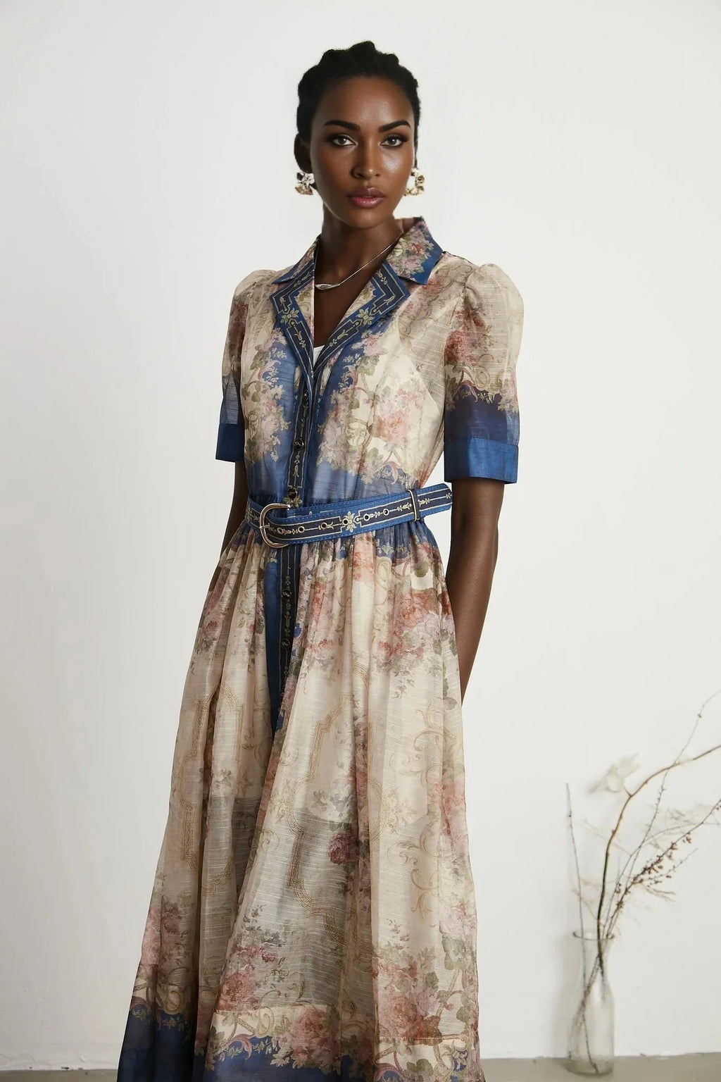 Anna Midi Dress – Long Sleeves – Lapels – Pattern Printed