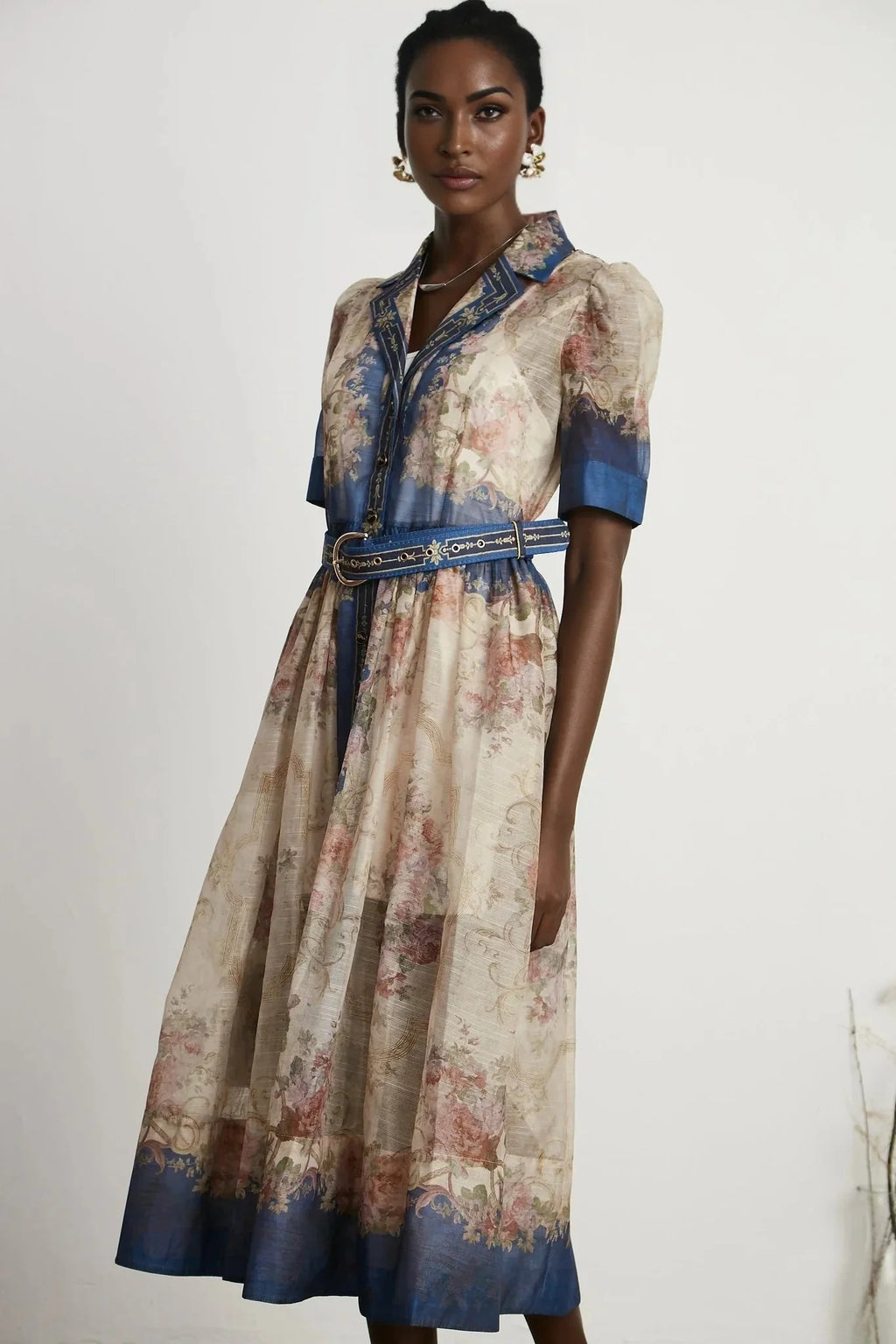Anna Midi Dress – Long Sleeves – Lapels – Pattern Printed