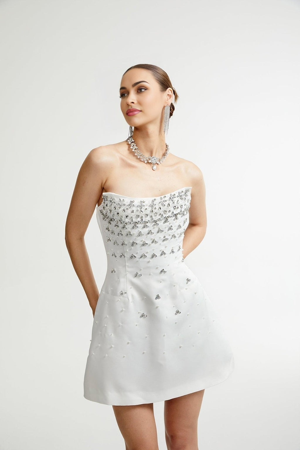 Anna Mini Dress - Sleeveless Off - Shoulder Design - Fully Embellished - Mini Length with Back Zipper