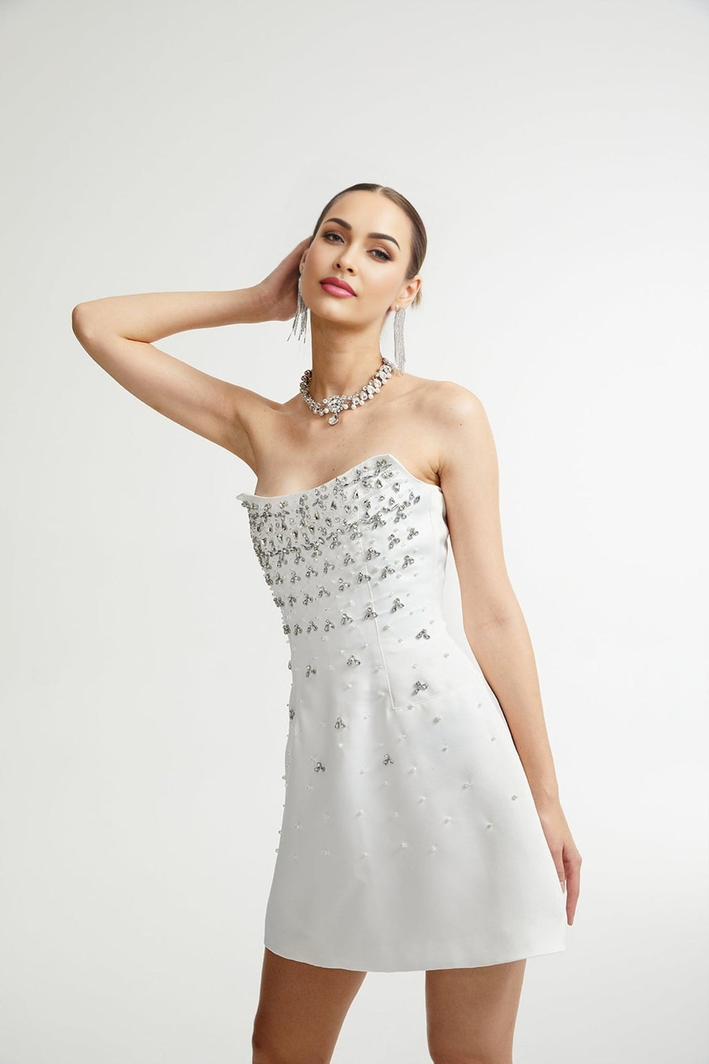 Anna Mini Dress - Sleeveless Off - Shoulder Design - Fully Embellished - Mini Length with Back Zipper
