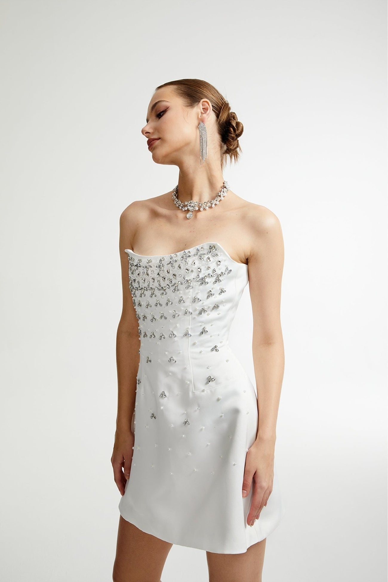 Anna Mini Dress - Sleeveless Off - Shoulder Design - Fully Embellished - Mini Length with Back Zipper