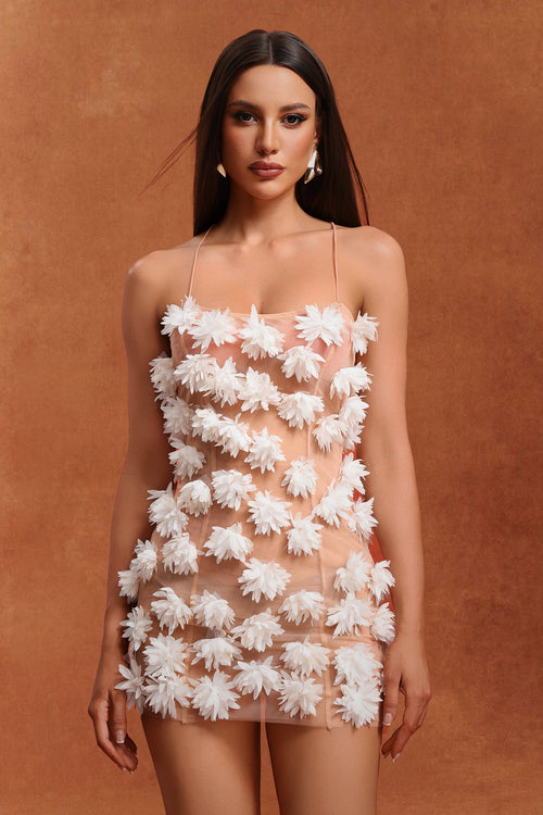 Anna Peach Backless Mini Dress with Flower Detailing