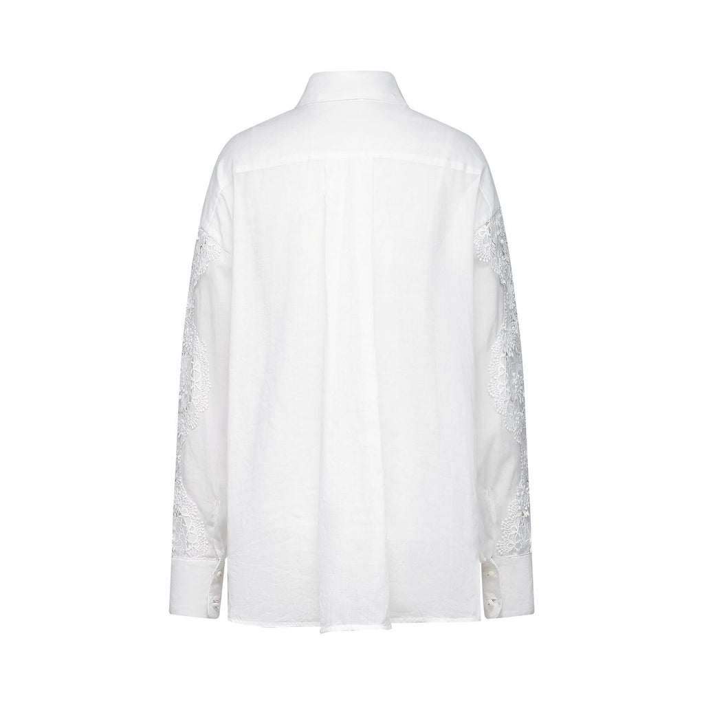 Anna Shirt - Long Sleeve Lapel Button - Cut - Out Lace - Embroidered Midi Top
