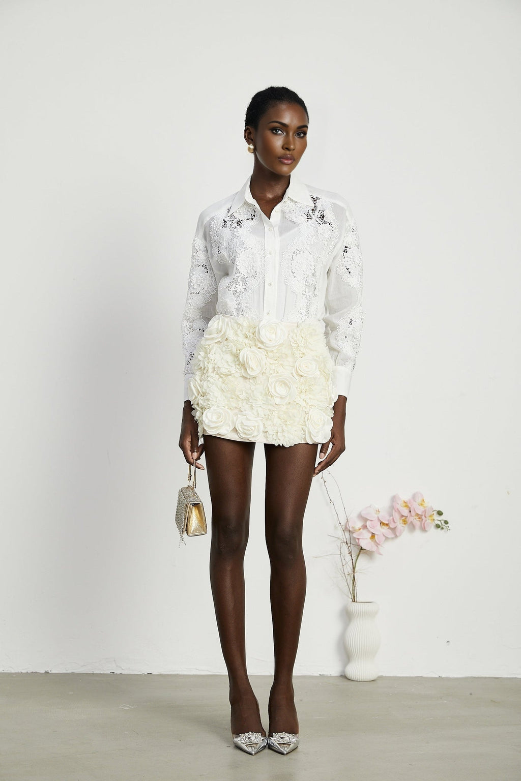 Anna Shirt - Long Sleeve Lapel Button - Cut - Out Lace - Embroidered Midi Top