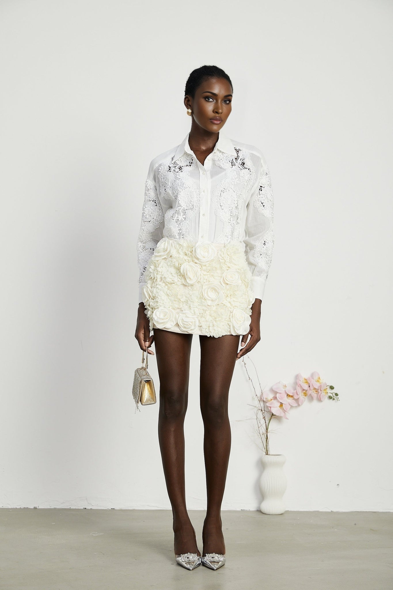 Anna Shirt - Long Sleeve Lapel Button - Cut - Out Lace - Embroidered Midi Top
