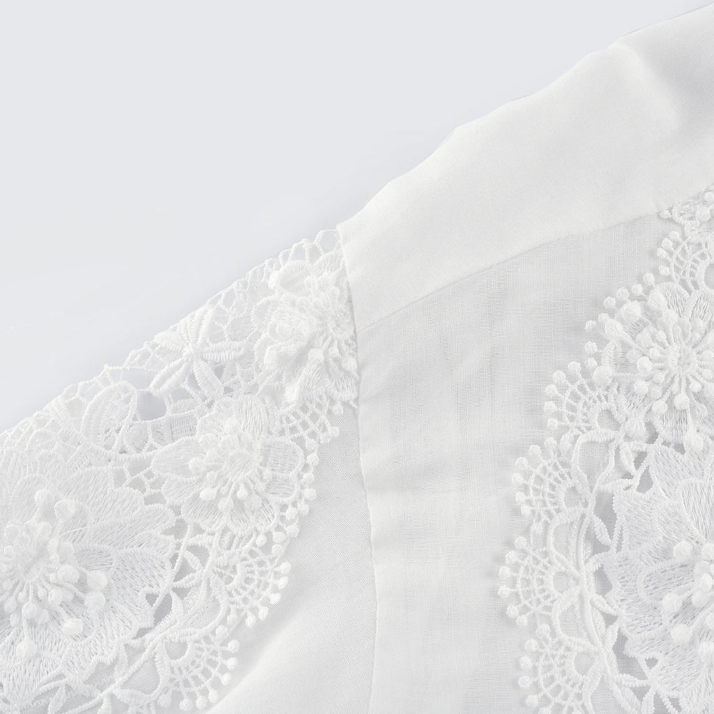 Anna Shirt - Long Sleeve Lapel Button - Cut - Out Lace - Embroidered Midi Top