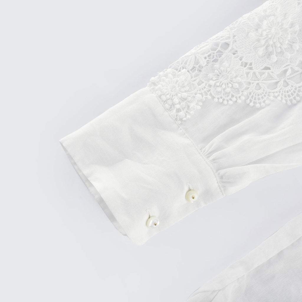 Anna Shirt - Long Sleeve Lapel Button - Cut - Out Lace - Embroidered Midi Top