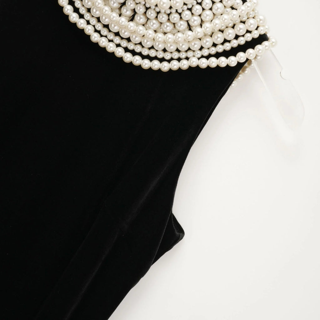 Annabelle Dress - Velvet - Pearl - Embellished - Open Back - Ankle - Length - Sleeveless - High Neck - Draping - Rear Slit - Zip Fastening