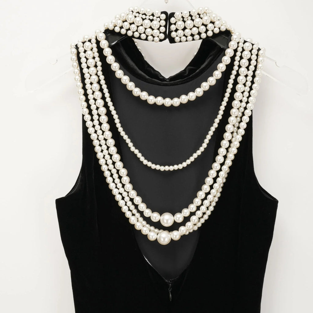 Annabelle Dress - Velvet - Pearl - Embellished - Open Back - Ankle - Length - Sleeveless - High Neck - Draping - Rear Slit - Zip Fastening