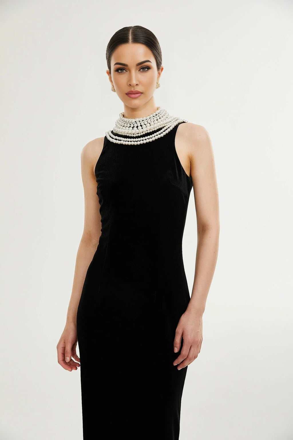 Annabelle Dress - Velvet - Pearl - Embellished - Open Back - Ankle - Length - Sleeveless - High Neck - Draping - Rear Slit - Zip Fastening