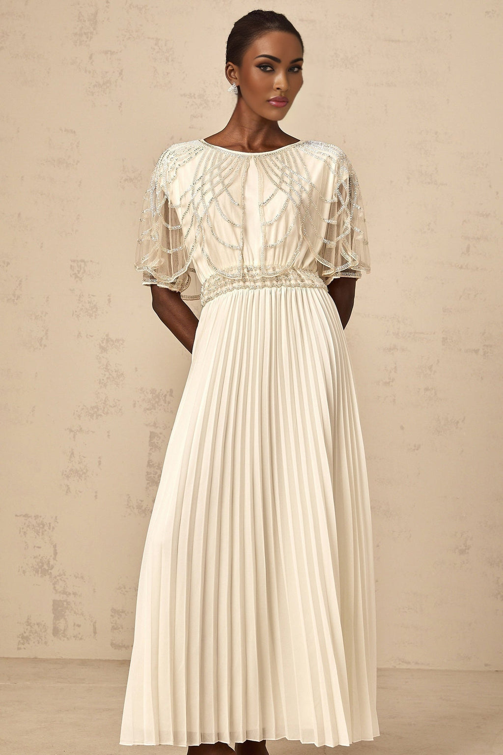 Annabelle Maxi Dress - Short Sleeve - Cinched Waist - Crystal Embellished - Pleated Skirt