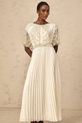 Annabelle Maxi Dress - Short Sleeve - Cinched Waist - Crystal Embellished - Pleated Skirt