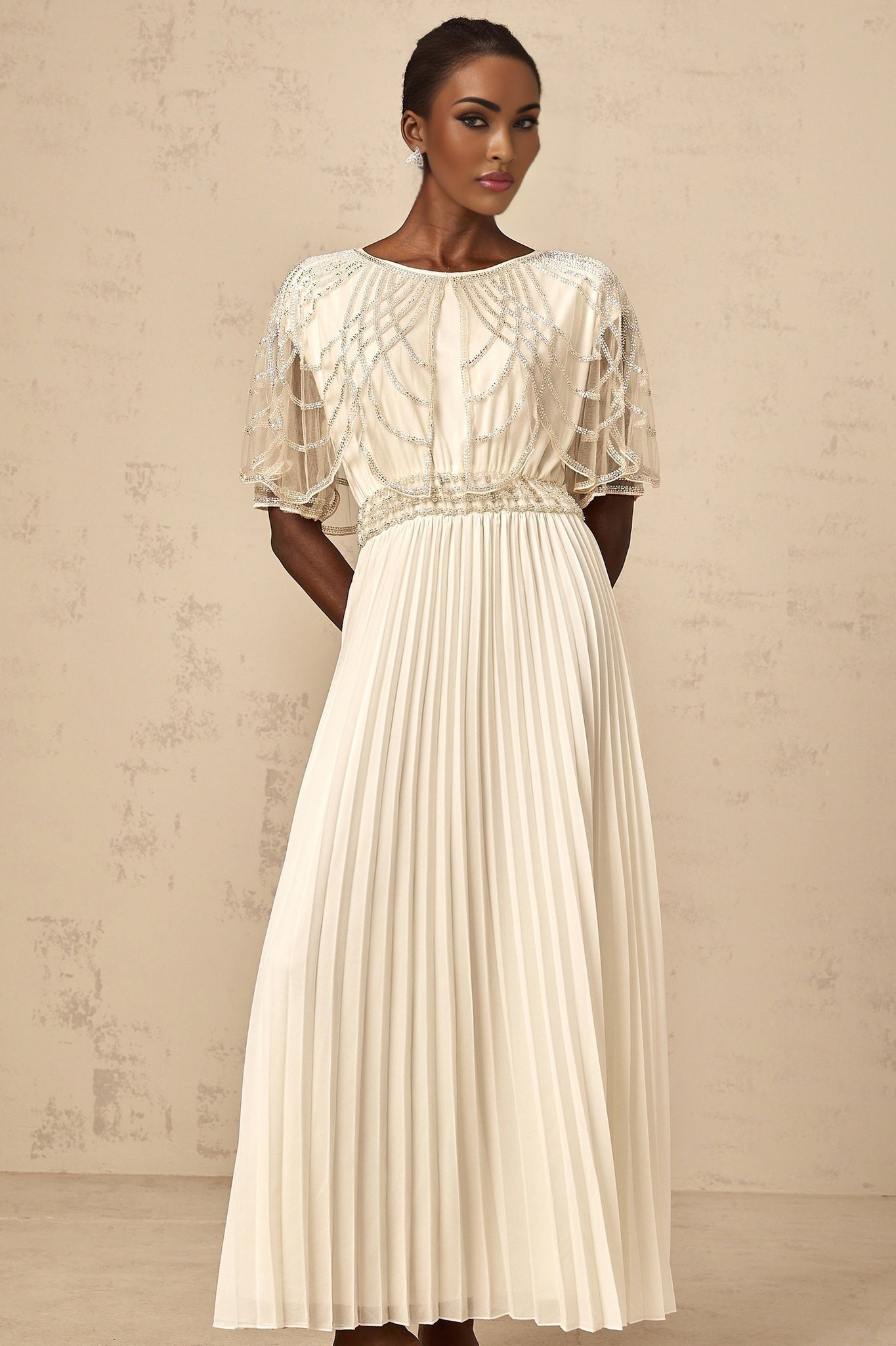 Annabelle Maxi Dress - Short Sleeve - Cinched Waist - Crystal Embellished - Pleated Skirt