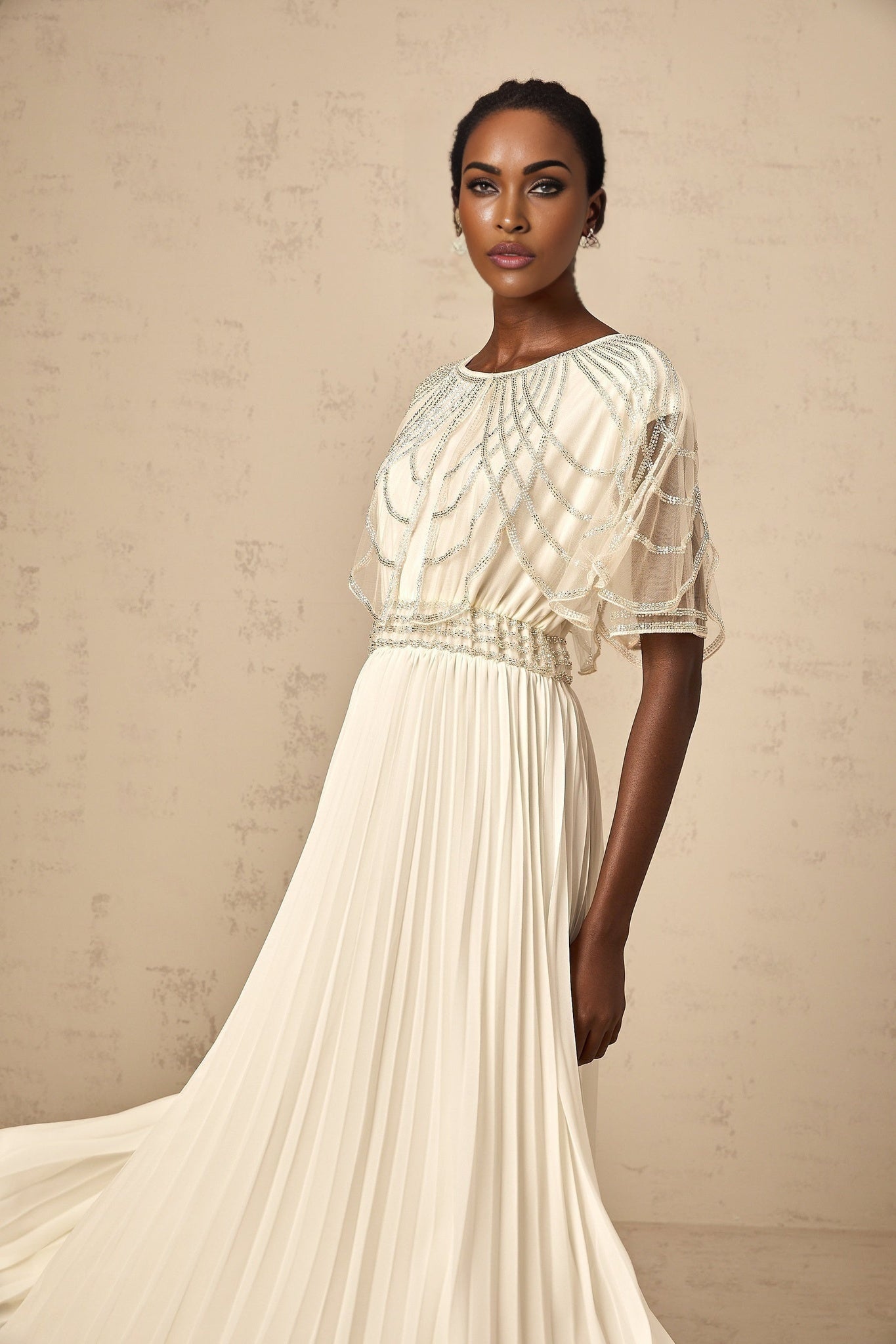 Annabelle Maxi Dress - Short Sleeve - Cinched Waist - Crystal Embellished - Pleated Skirt