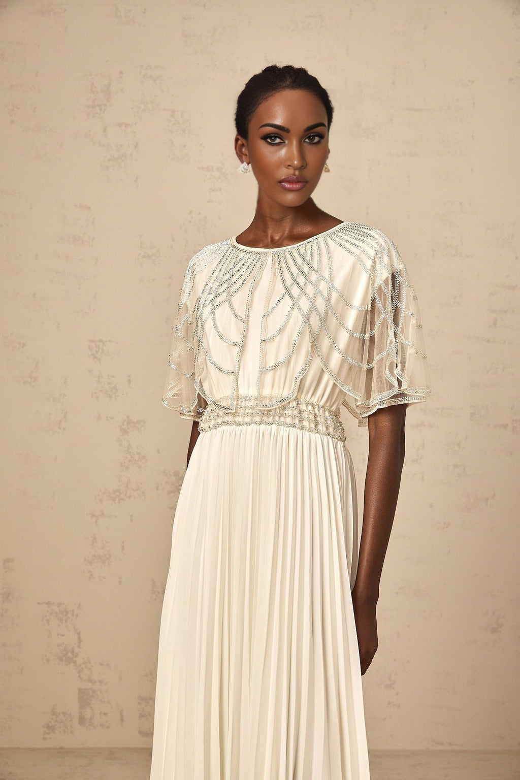 Annabelle Maxi Dress - Short Sleeve - Cinched Waist - Crystal Embellished - Pleated Skirt