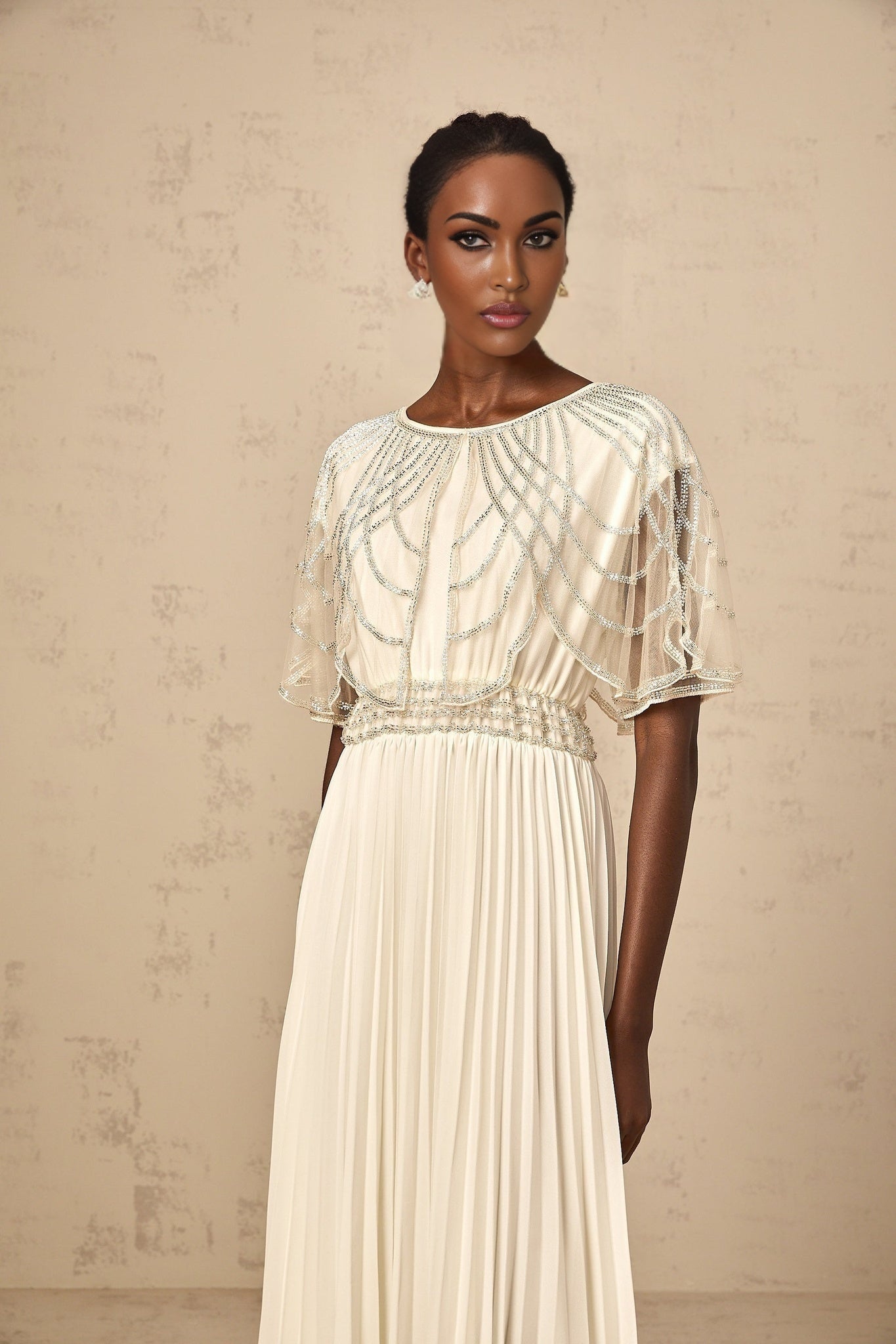 Annabelle Maxi Dress - Short Sleeve - Cinched Waist - Crystal Embellished - Pleated Skirt