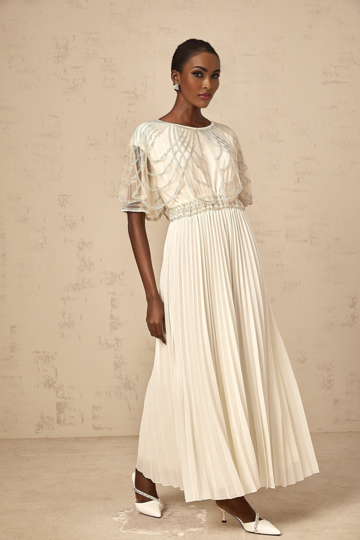 Annabelle Maxi Dress - Short Sleeve - Cinched Waist - Crystal Embellished - Pleated Skirt