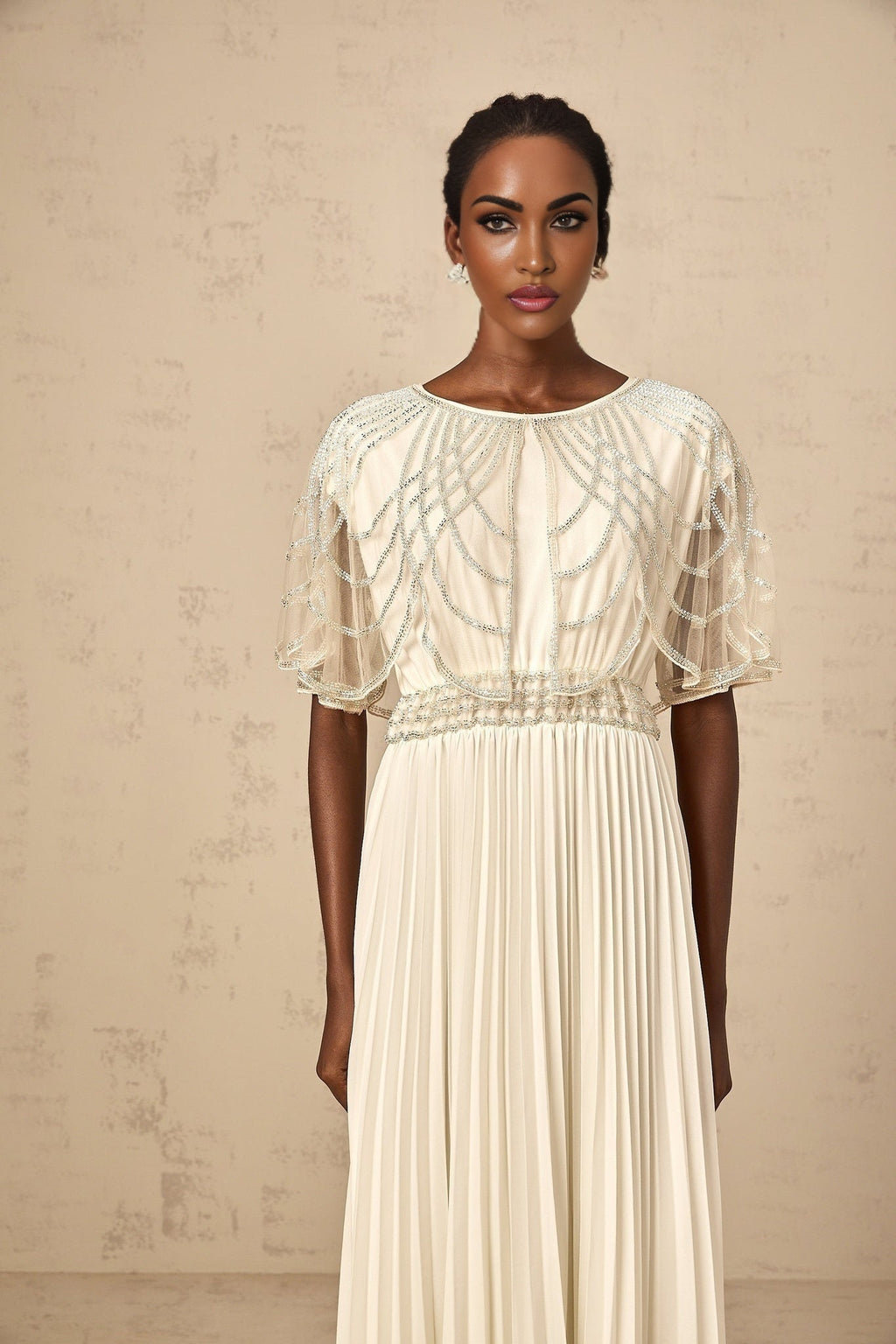 Annabelle Maxi Dress - Short Sleeve - Cinched Waist - Crystal Embellished - Pleated Skirt