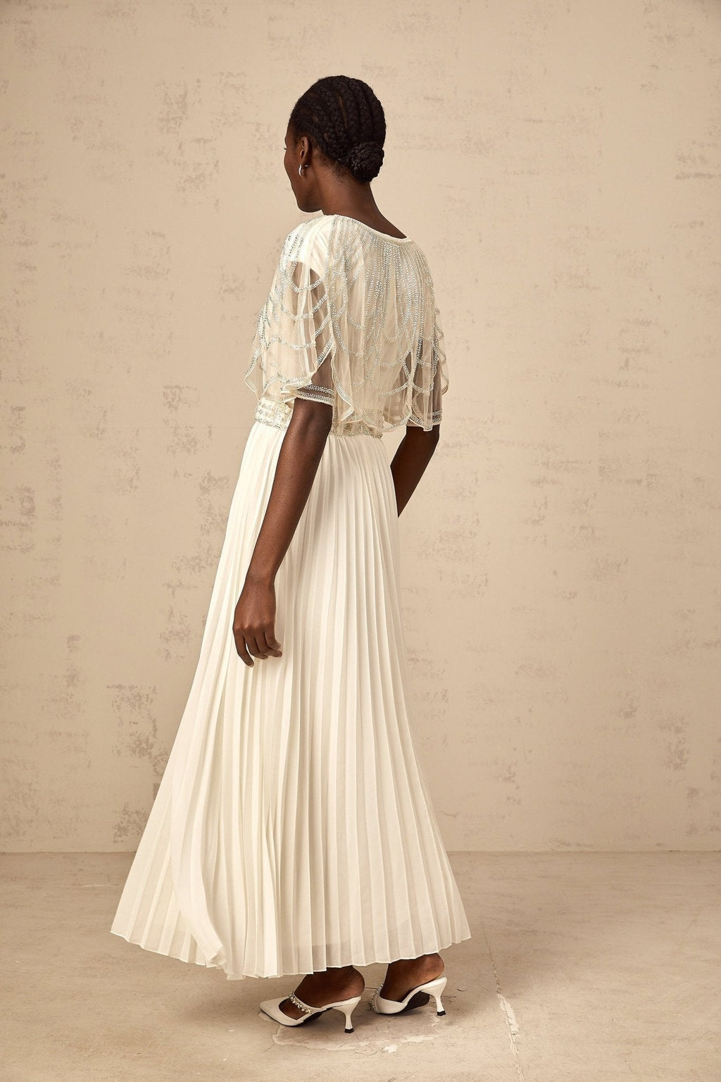 Annabelle Maxi Dress - Short Sleeve - Cinched Waist - Crystal Embellished - Pleated Skirt
