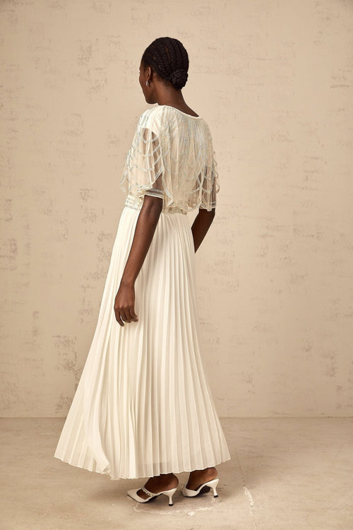 Annabelle Maxi Dress - Short Sleeve - Cinched Waist - Crystal Embellished - Pleated Skirt