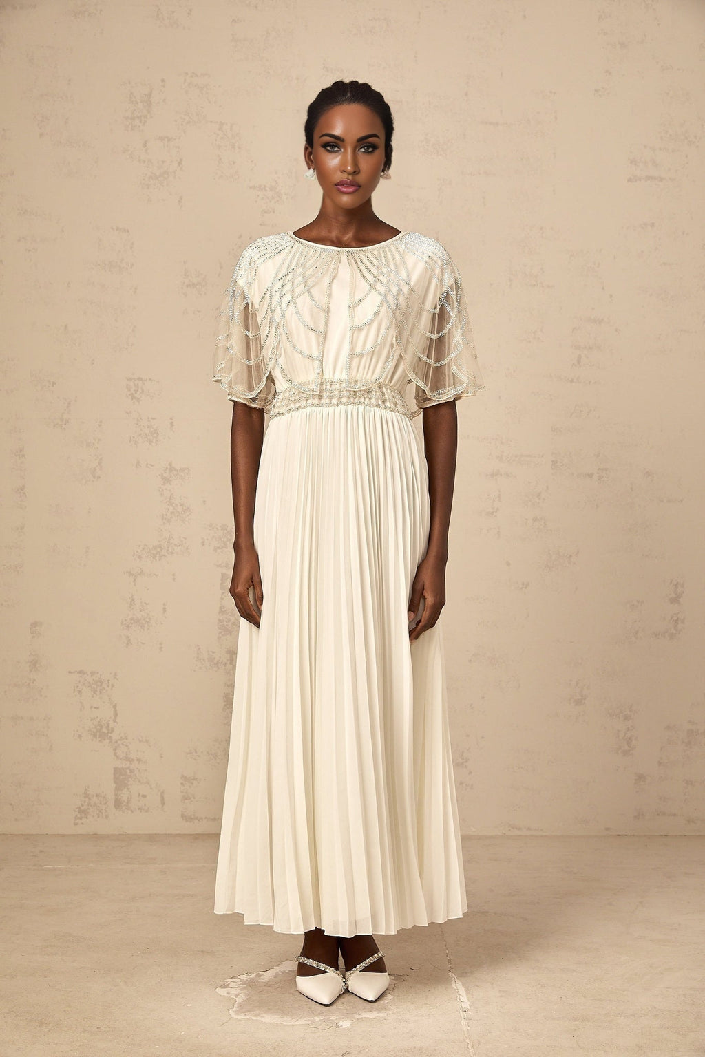 Annabelle Maxi Dress - Short Sleeve - Cinched Waist - Crystal Embellished - Pleated Skirt