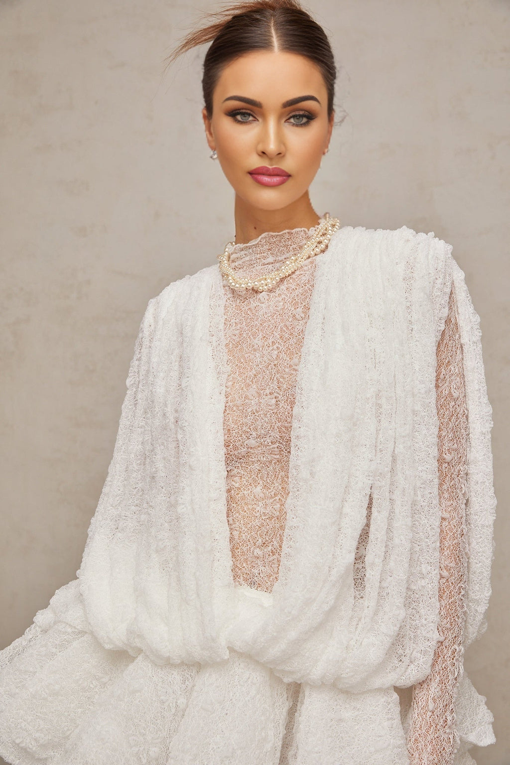 Annabelle Top & Shorts - Mock Neck - Ruffled Cuffs - Lace Overlay - Elasticated Waistband