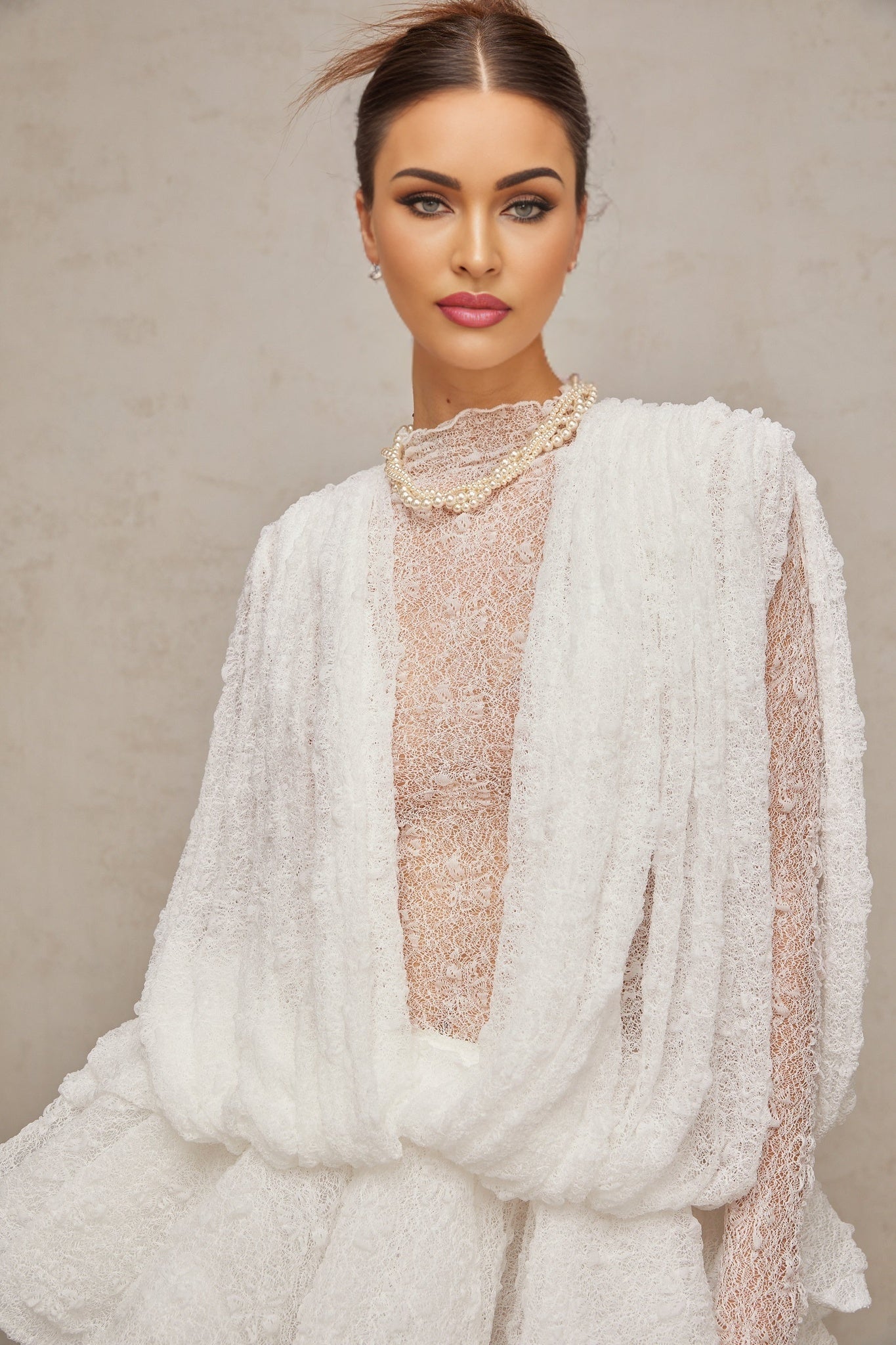 Annabelle Top & Shorts - Mock Neck - Ruffled Cuffs - Lace Overlay - Elasticated Waistband
