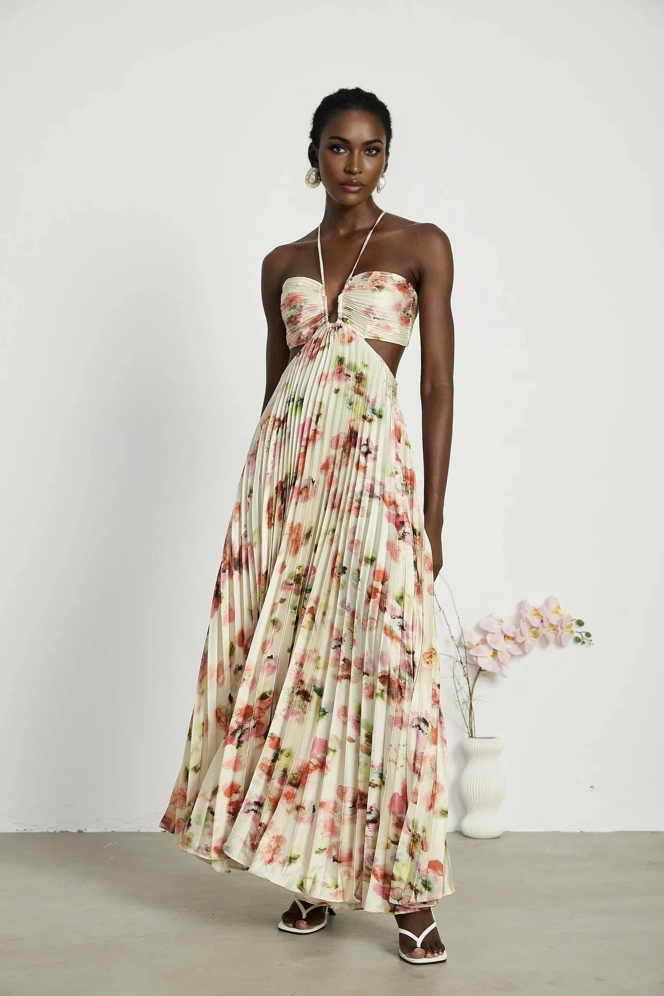 Annalee Floral Maxi Dress - Sleeveless Halter Neck - Bustier Style with Cut - out Design - Pleated with Front Button Fastening