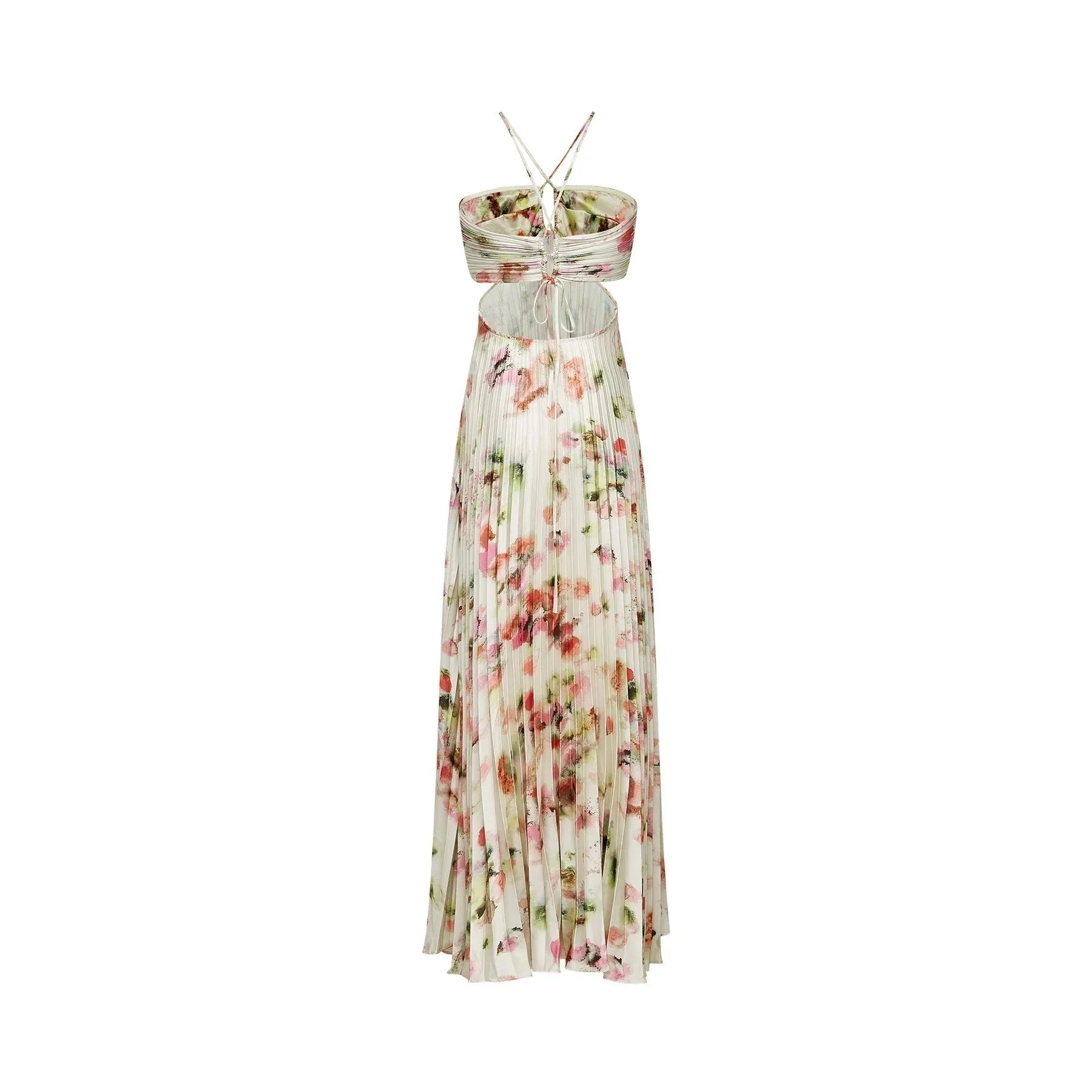 Annalee Floral Maxi Dress - Sleeveless Halter Neck - Bustier Style with Cut - out Design - Pleated with Front Button Fastening