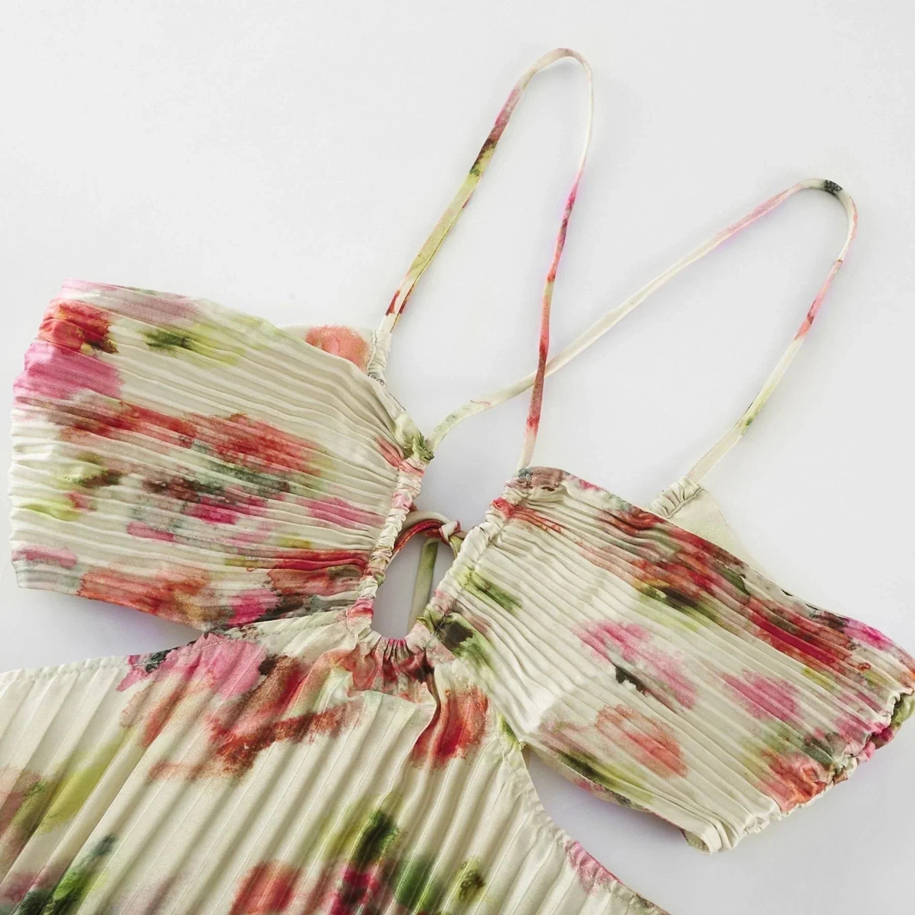 Annalee Floral Maxi Dress - Sleeveless Halter Neck - Bustier Style with Cut - out Design - Pleated with Front Button Fastening