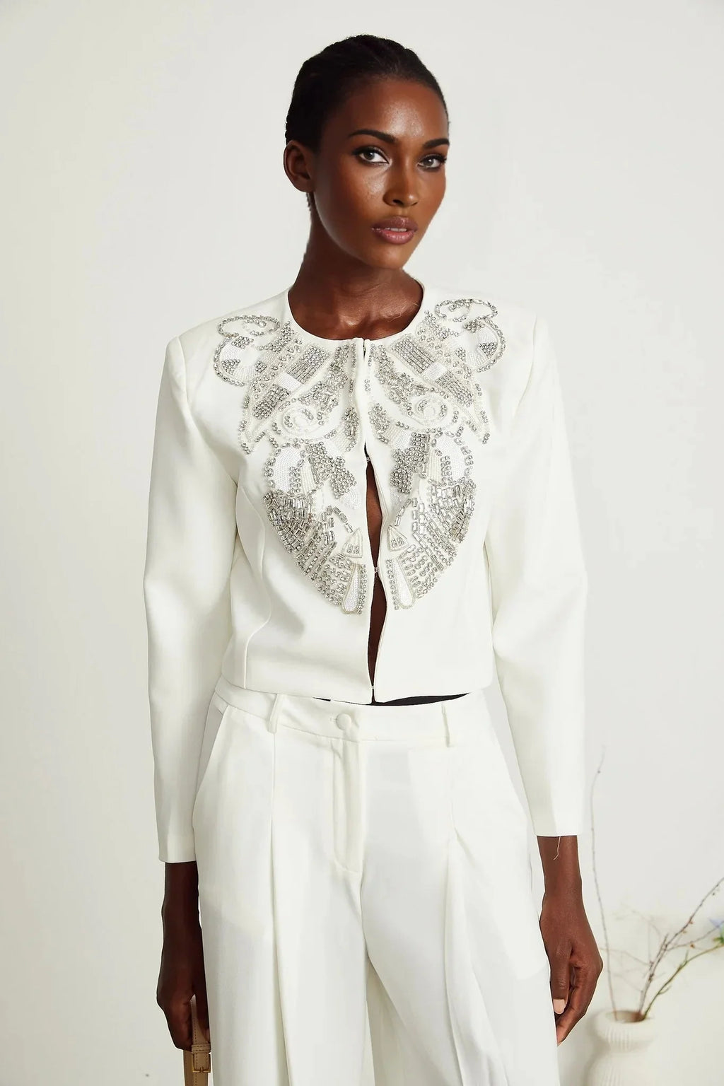 Annalee Jacket & Trousers Set - Crystal & Sequin Embellishments - Cropped Jacket - Straight Leg Trousers - Front Hook & Eye Fastening
