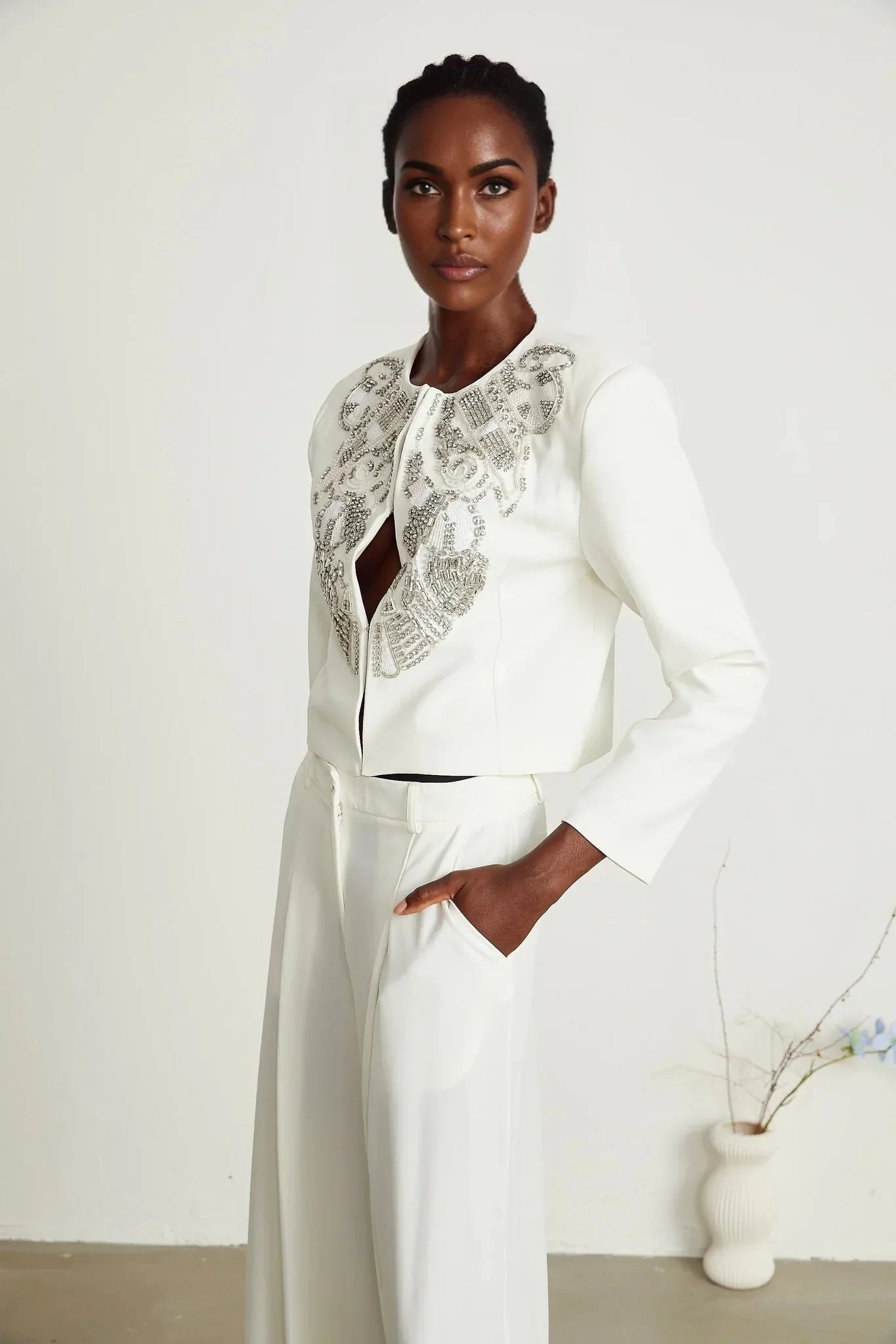 Annalee Jacket & Trousers Set - Crystal & Sequin Embellishments - Cropped Jacket - Straight Leg Trousers - Front Hook & Eye Fastening