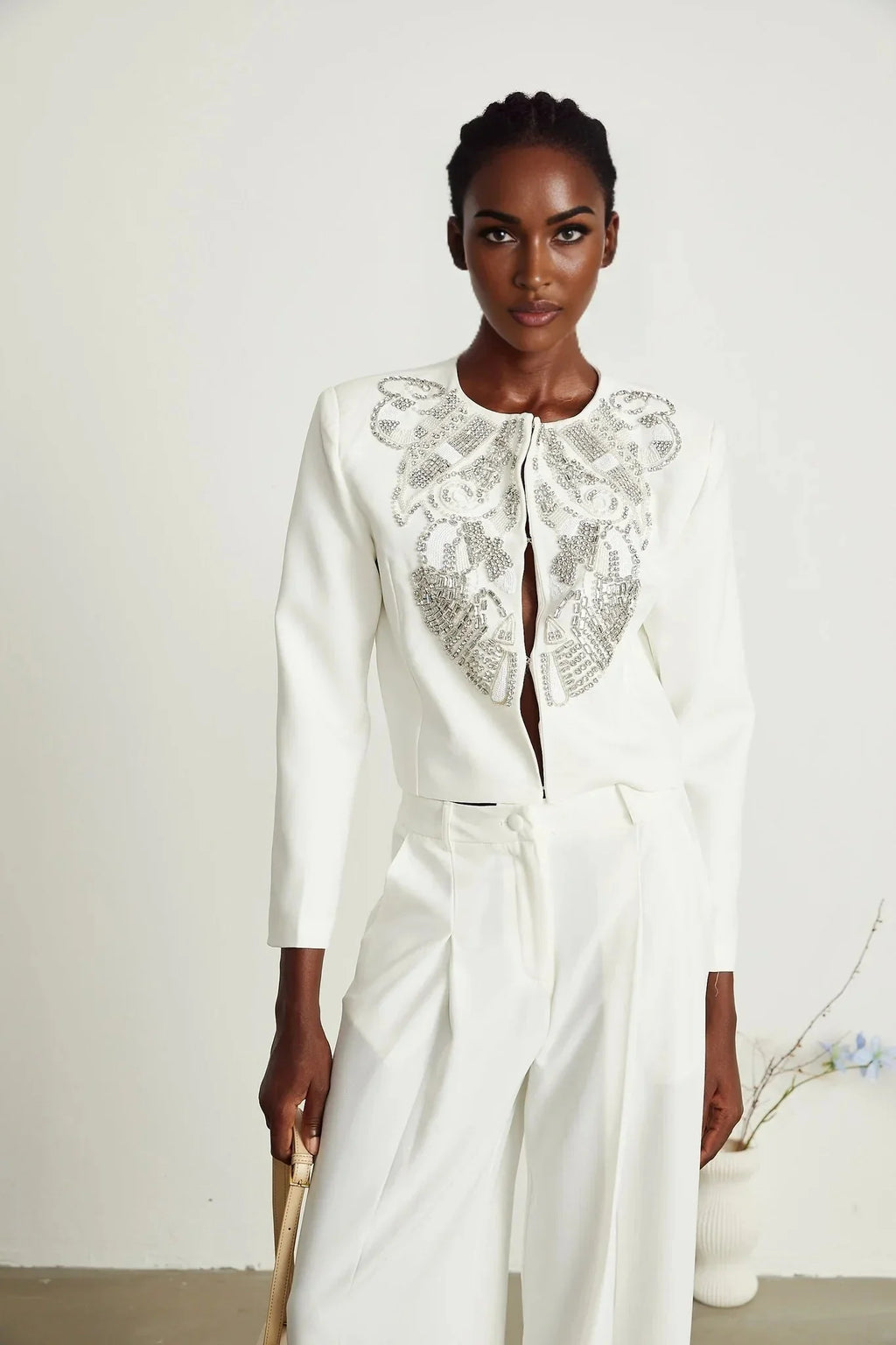 Annalee Jacket & Trousers Set - Crystal & Sequin Embellishments - Cropped Jacket - Straight Leg Trousers - Front Hook & Eye Fastening