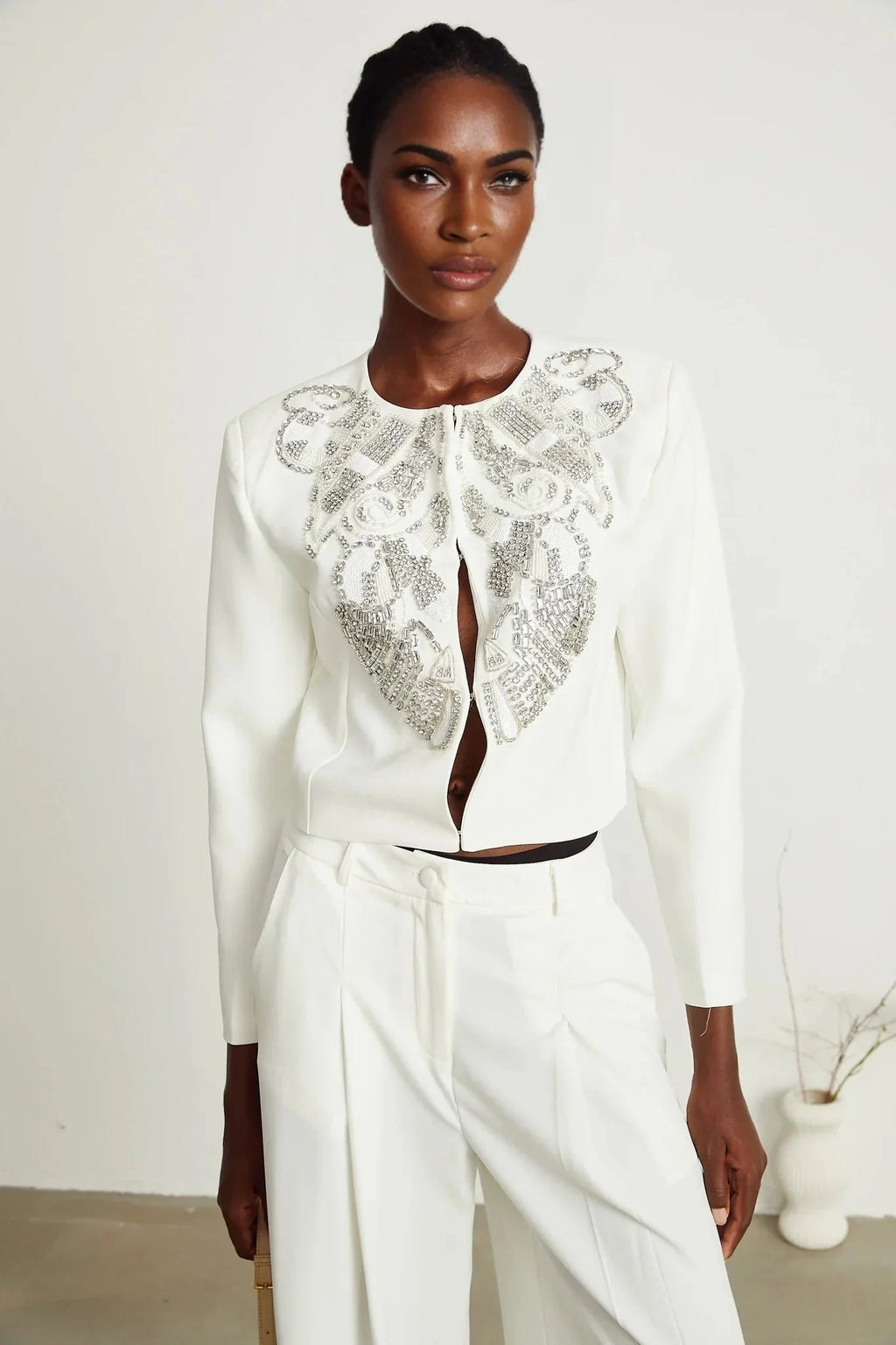Annalee Jacket & Trousers Set - Crystal & Sequin Embellishments - Cropped Jacket - Straight Leg Trousers - Front Hook & Eye Fastening