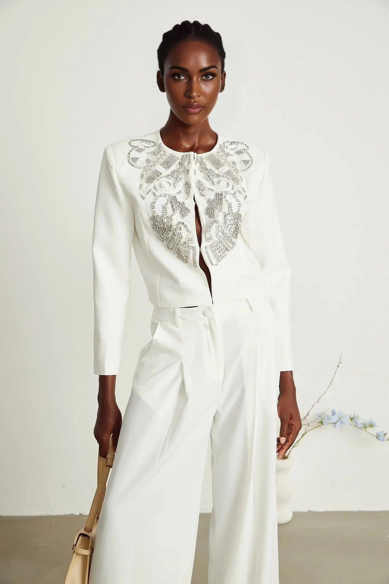 Annalee Jacket & Trousers Set - Crystal & Sequin Embellishments - Cropped Jacket - Straight Leg Trousers - Front Hook & Eye Fastening