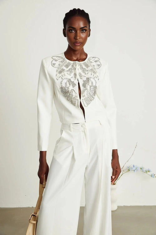 Annalee Jacket & Trousers Set - Crystal & Sequin Embellishments - Cropped Jacket - Straight Leg Trousers - Front Hook & Eye Fastening
