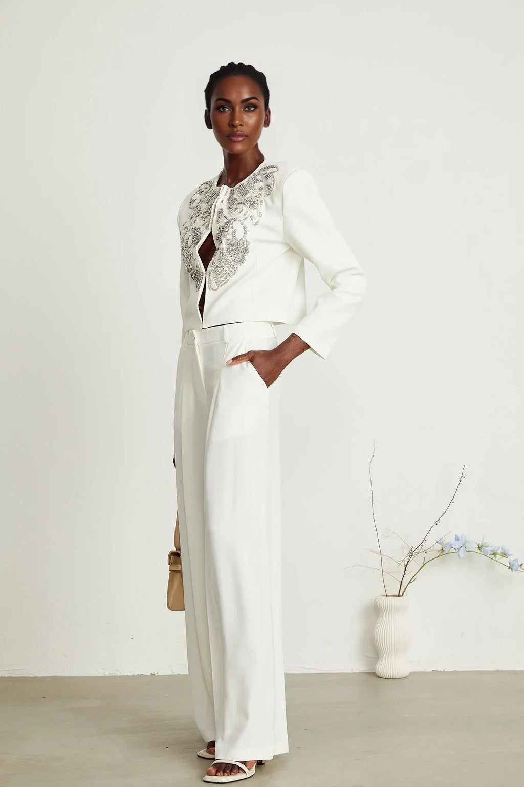 Annalee Jacket & Trousers Set - Crystal & Sequin Embellishments - Cropped Jacket - Straight Leg Trousers - Front Hook & Eye Fastening
